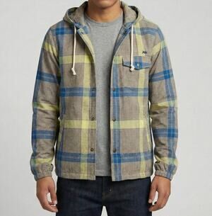 Kirra Mens Plaid Lightweight Snap Up Hooded Surfer Jacket Small